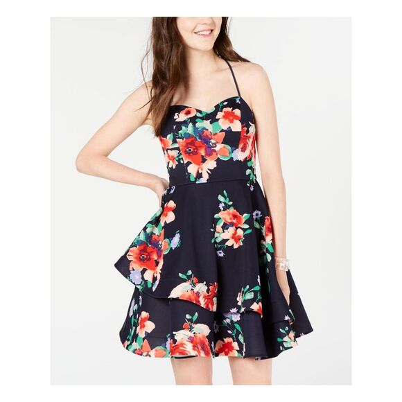 SEQUIN HEARTS Womens Navy Spaghetti Strap Short Party Fit + Flare Dress 1 - Picture 1 of 2